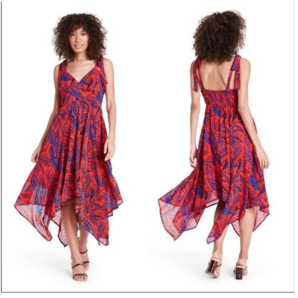 Alexis for Target Red Blue Tropical Leaf Tie Shoulder Handkerchief Dress XS